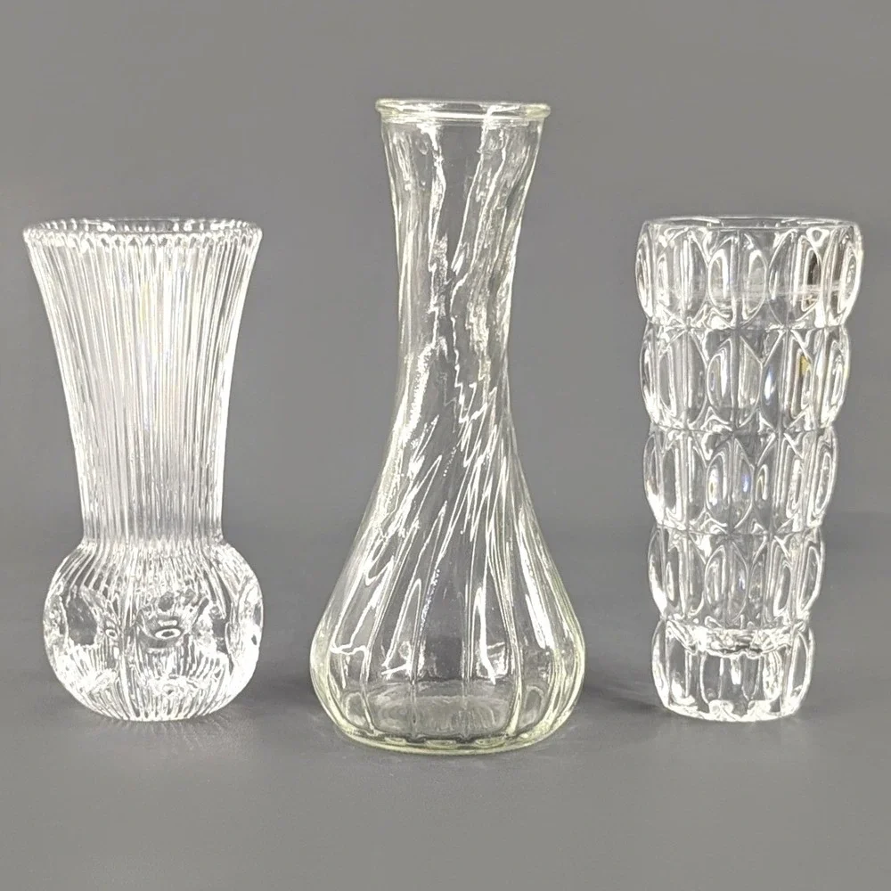 Vintage Clear Glass Bud Vases Set 3 Ribbed Swirl Thumbprint 5 to 6 Inch